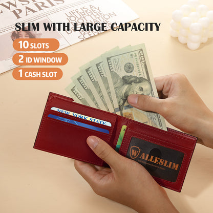 WALLESLIM Mens Wallet, RFID Leather 2 ID Windows Slim Leather Minimalist With Gift Box for Men